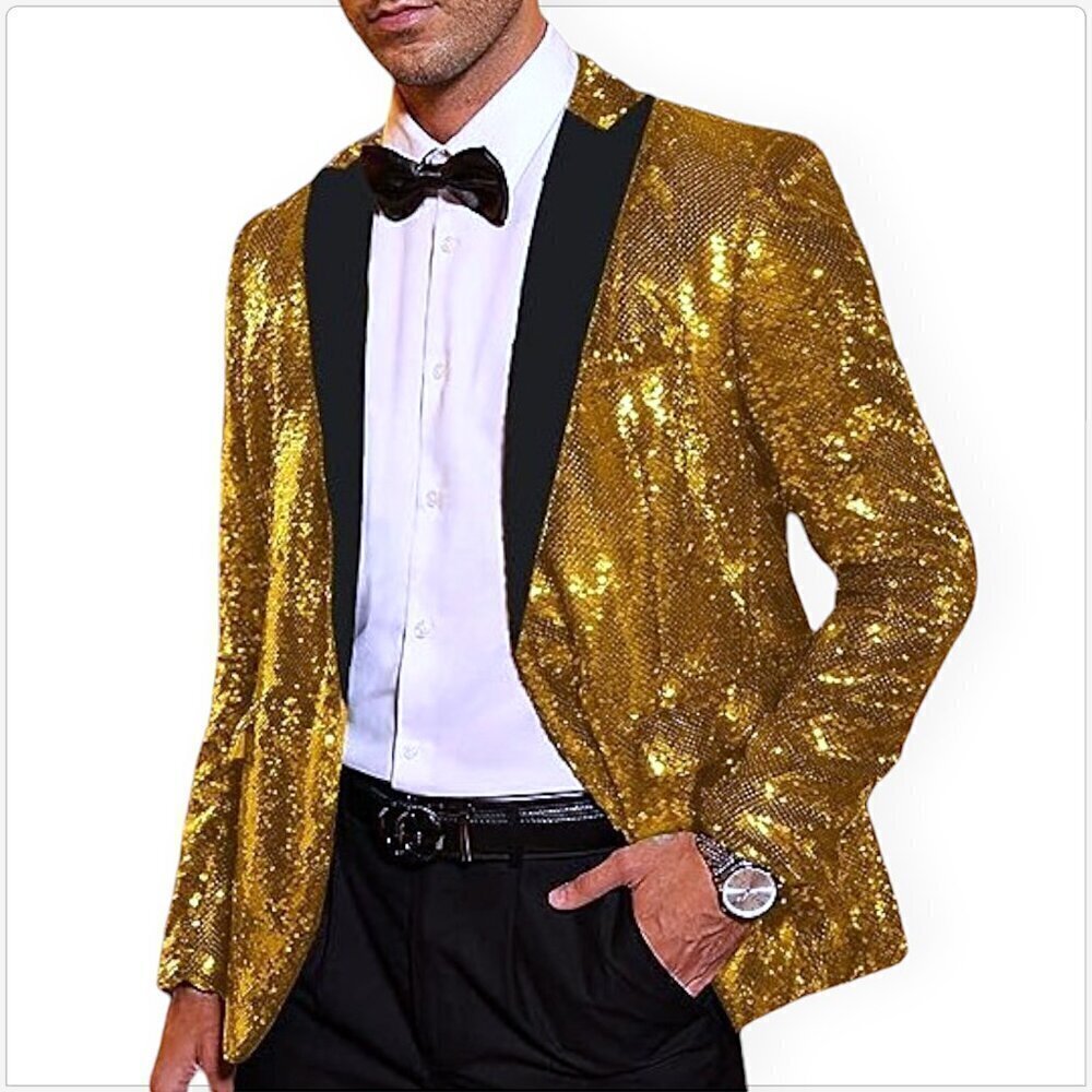 Coofandy Gold Black Sequin Satin Collar Tuxedo Suit Blazer Jacket NEW NWT XL